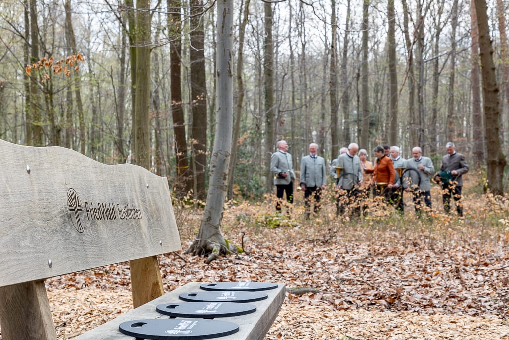 eine bank im wald. im hintergrund ist der chor